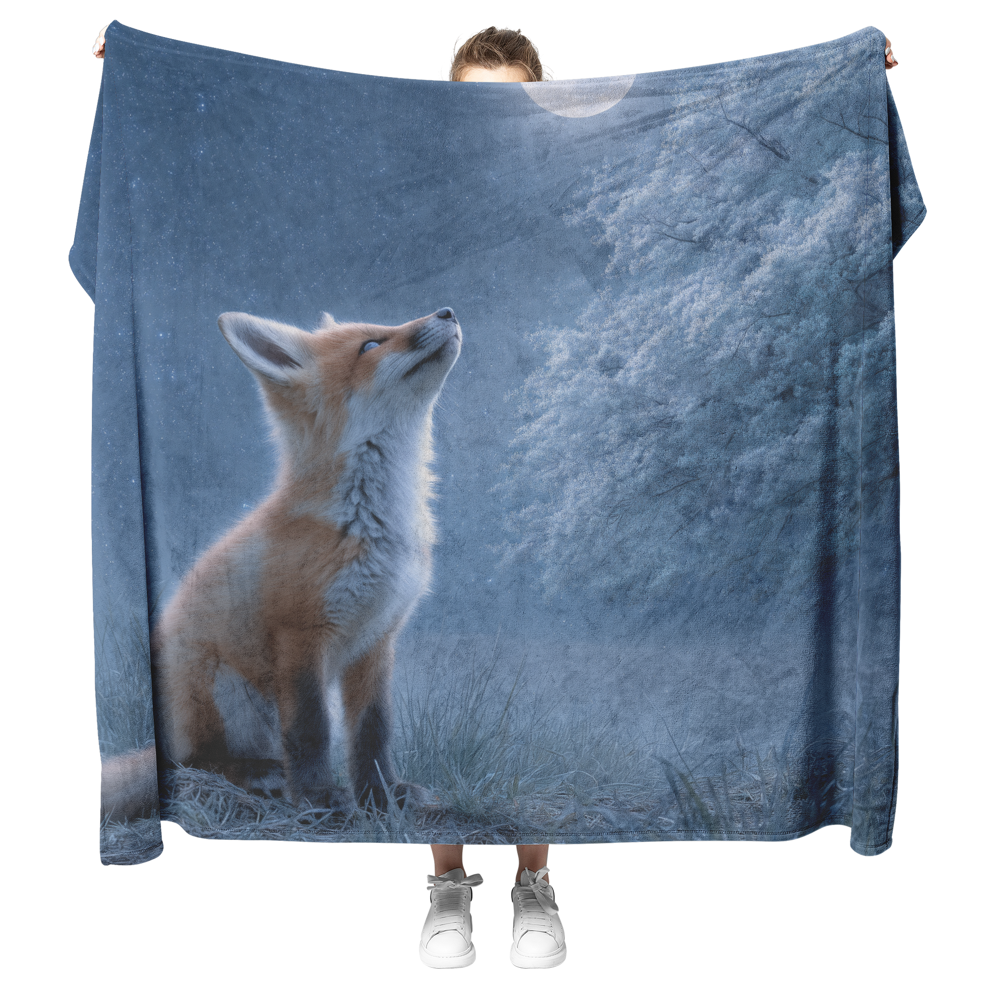 Baby_Fox_Howling_Softly_At_Moon_Under_Gl_H_Blanket_Model_Mockup.png