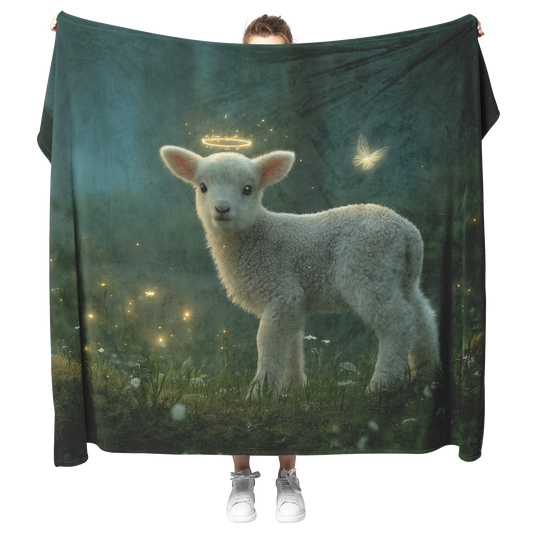 Baby_Lamb_Surrounded_By_Glowing_Fireflie_H_Blanket_Model_Mockup.png