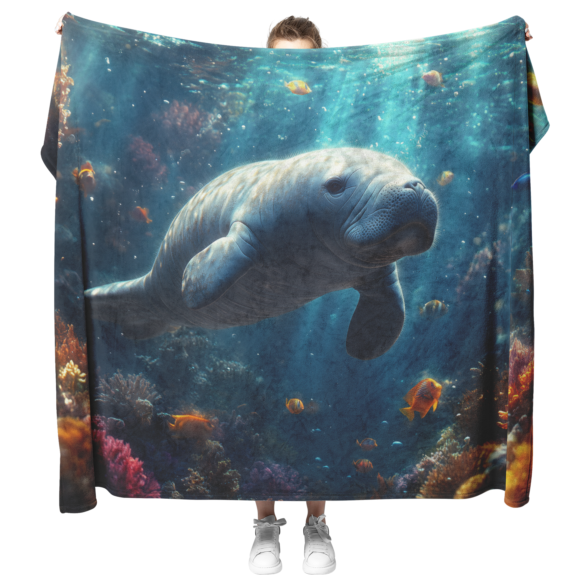 Baby_Manatee_Exploring_Glowing_Coral_Ree_H_Blanket_Model_Mockup.png