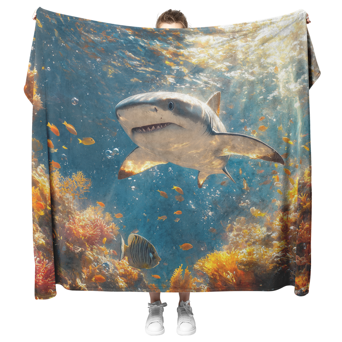 Baby_Shark_Swimming_Near_Glowing_Coral_R_H_Blanket_Model_Mockup.png