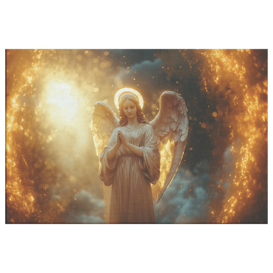 Beautiful Angel with Open Wings Praying to God Under Golden Light  Christian Canvas Art with Glowing Halo and Spiritual Radiance  Heavenly Wall Decor for Home Living Room or Office - Awakening Righteousness