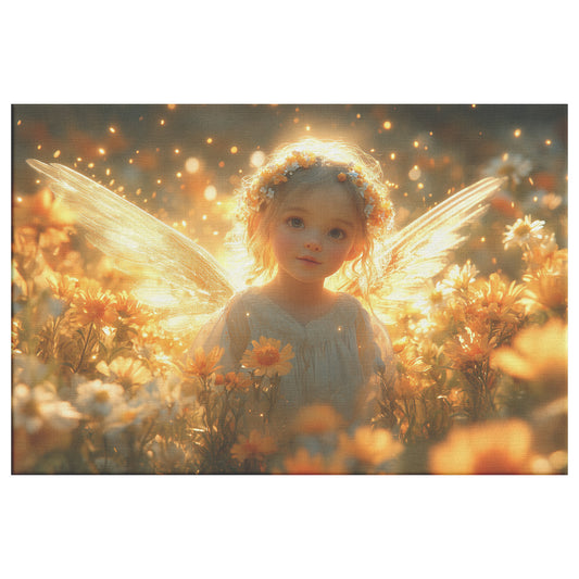 Beautiful Little Angel with Transparent Wings Glowing in Golden Light Standing Among Flowers  Dreamy Christian Canvas Wall Art for Nursery or Home Decor - Awakening Righteousness