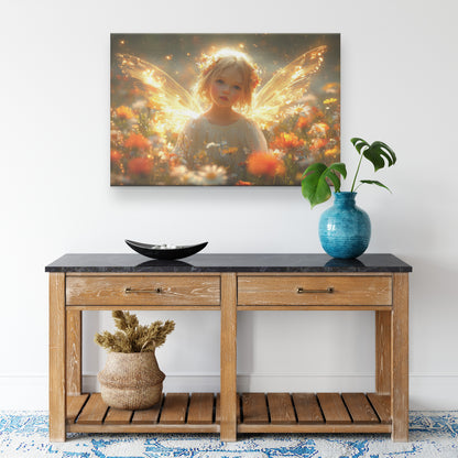 Beautiful Little Girl with Angel Wings Surrounded Blooming Wildflowers and Glowing Lights  Enchanting Scene of Innocence and Beauty - Awakening Righteousness