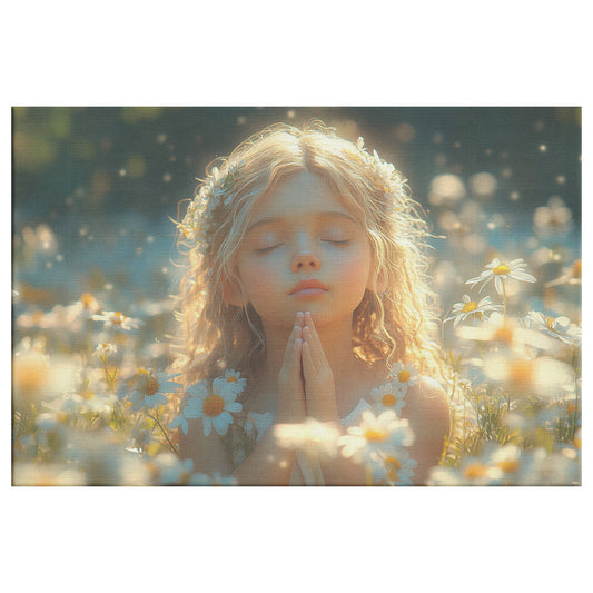 Beautiful Young Girl Praying in a Meadow Surrounded White Flowers and Daisies  Christian Canvas Art Serene Prayer Peaceful Connection to Nature Divine Peace Sunny Tranquility - Awakening Righteousness