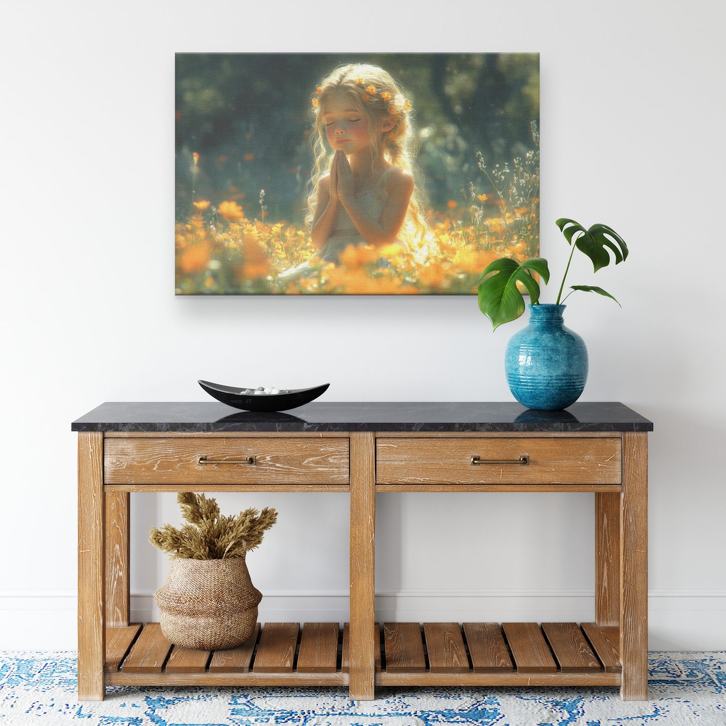 Beautiful Young Girl Praying to God in Angelic Dress  Christian Canvas Art Blonde Hair Yellow Flowers Sun Rays Orange Wildflowers Divine Peace Serene Moment - Awakening Righteousness