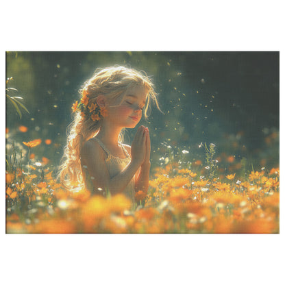 Beautiful Young Girl in Orange Dress Praying in Flower Field  Christian Canvas Art Serene Prayerful Moment Divine Peace Soft Sunlight Spiritual Tranquility Heavenly Atmosphere - Awakening Righteousness