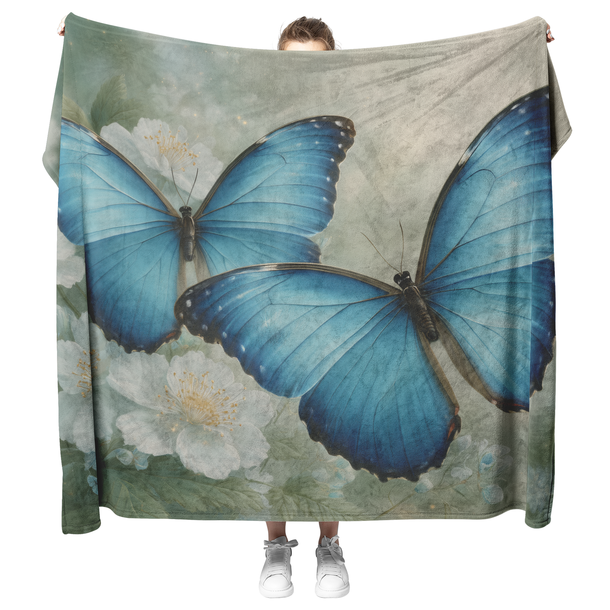 Blue_Morpho_Butterflies_Glowing_In_Soft__H_Blanket_Model_Mockup.png