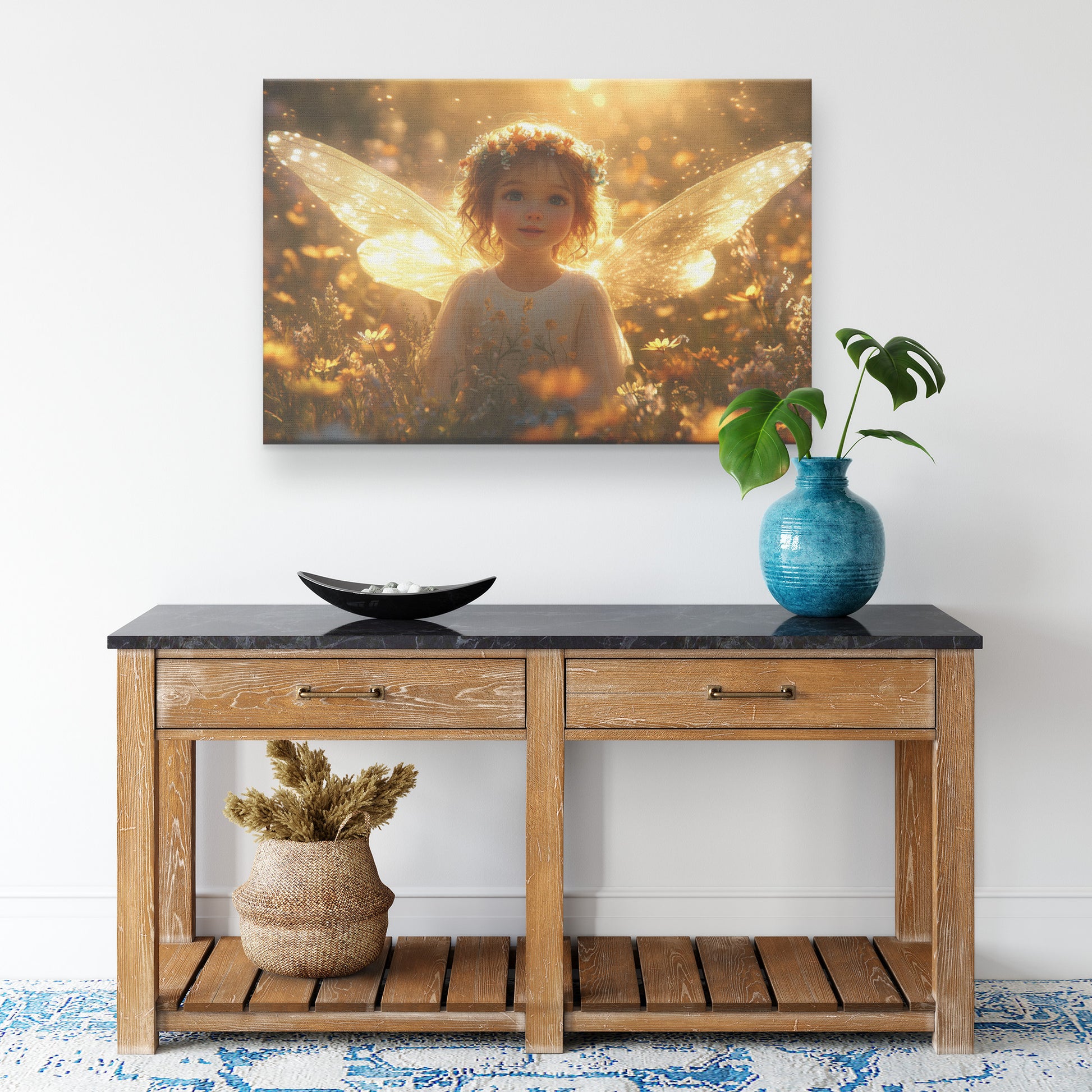 Charming Angelic Girl with Floral Wings in a Sunset Garden  Christian Canvas Art Radiating Innocence and Warmth - Awakening Righteousness