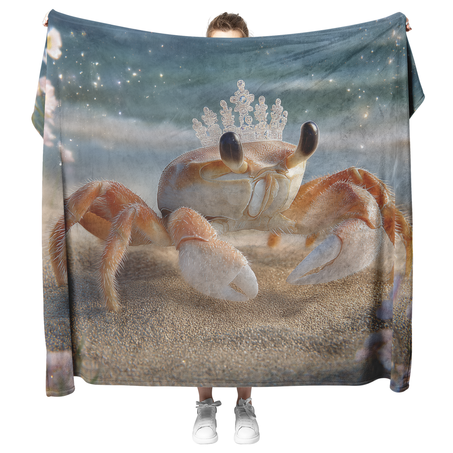Crab_With_Seashell_Crown_Sitting_In_Spar_H_Blanket_Model_Mockup.png