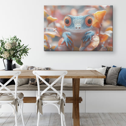 Cute BaBlue Gecko with Big Eyes on Leaves in Autumn Forest Canvas Wall Art for Nature Lovers - Awakening Righteousness