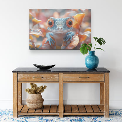 Cute BaBlue Gecko with Big Eyes on Leaves in Autumn Forest Canvas Wall Art for Nature Lovers - Awakening Righteousness