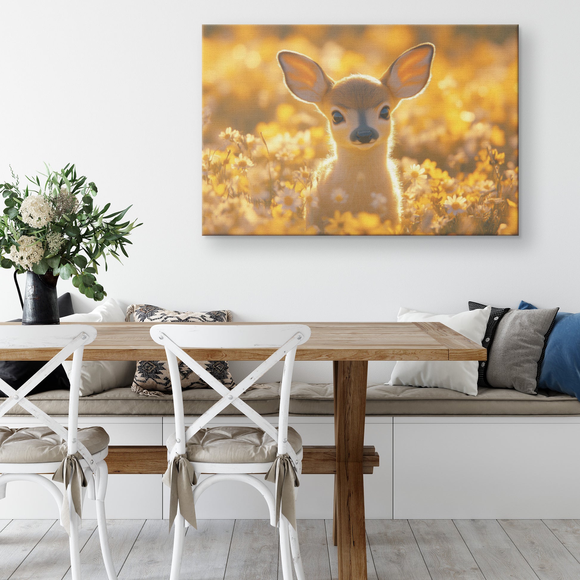 Cute Baby Deer Surrounded Yellow Daisies at Golden Hour Canvas Wall Art - Awakening Righteousness