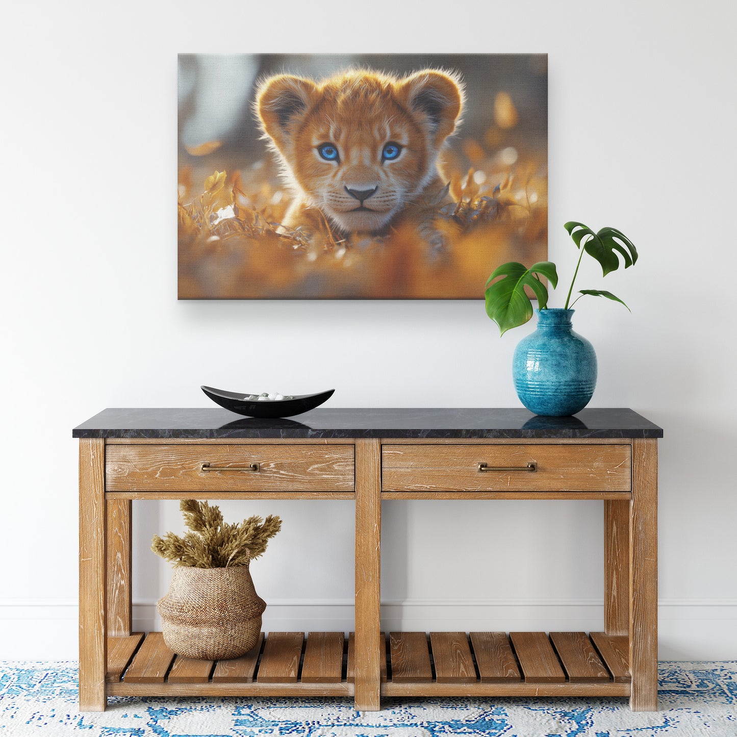 Cute Baby Lion Cub with Blue Eyes and Orange Fur Lying in Autumn Leaves Canvas Art - Awakening Righteousness