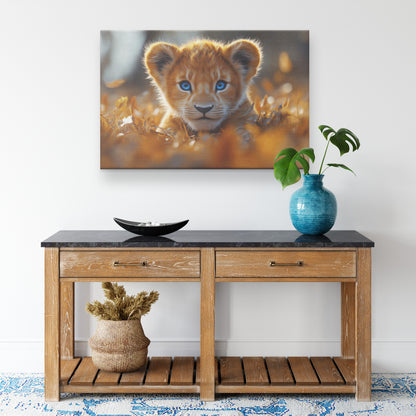 Cute Baby Lion Cub with Blue Eyes and Orange Fur Lying in Autumn Leaves Canvas Art - Awakening Righteousness
