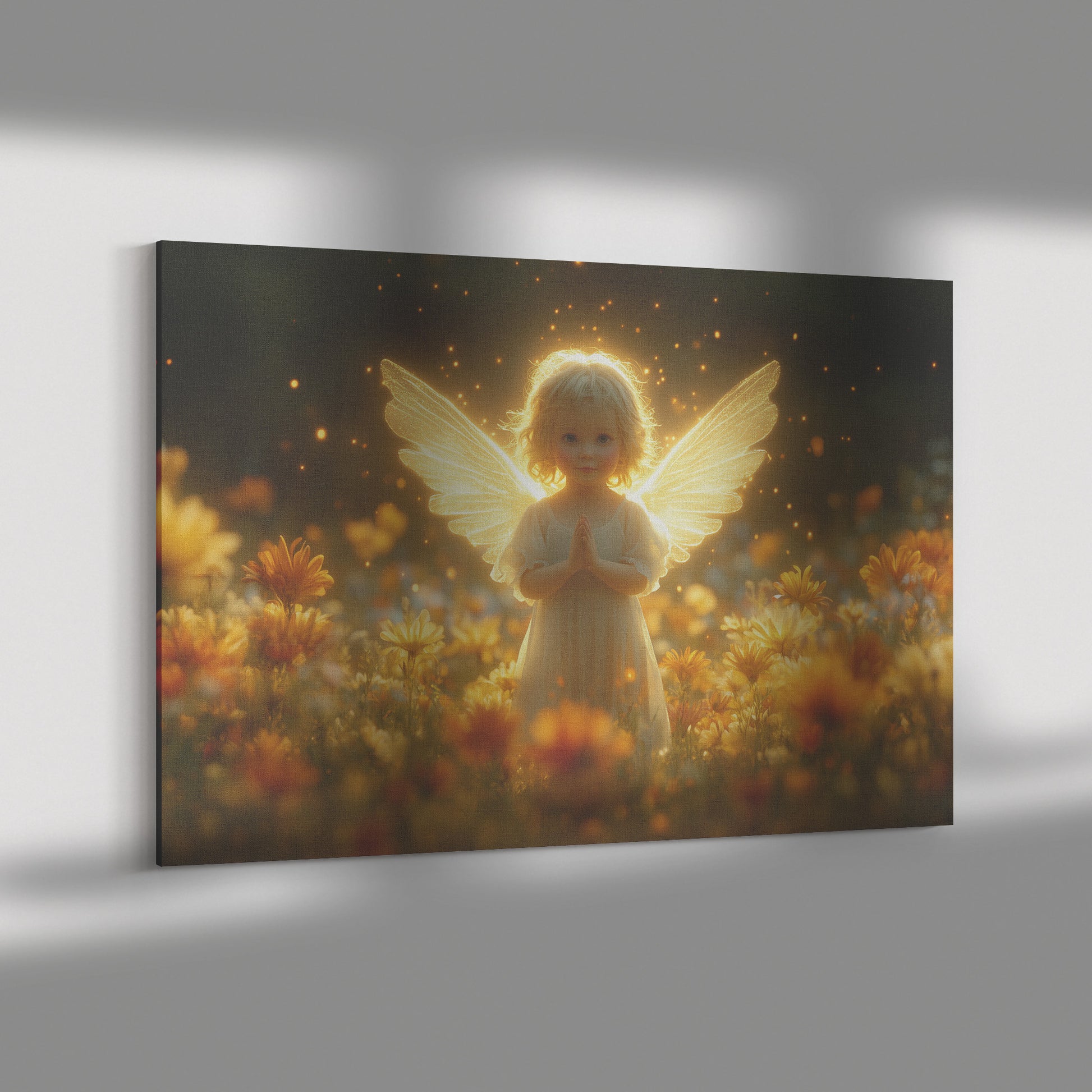 Cute Little Angel Praying in Flower Field with Golden Light Clasped Hands Big Shining Wings Tranquil Peaceful Atmosphere  Christian Canvas Art - Awakening Righteousness