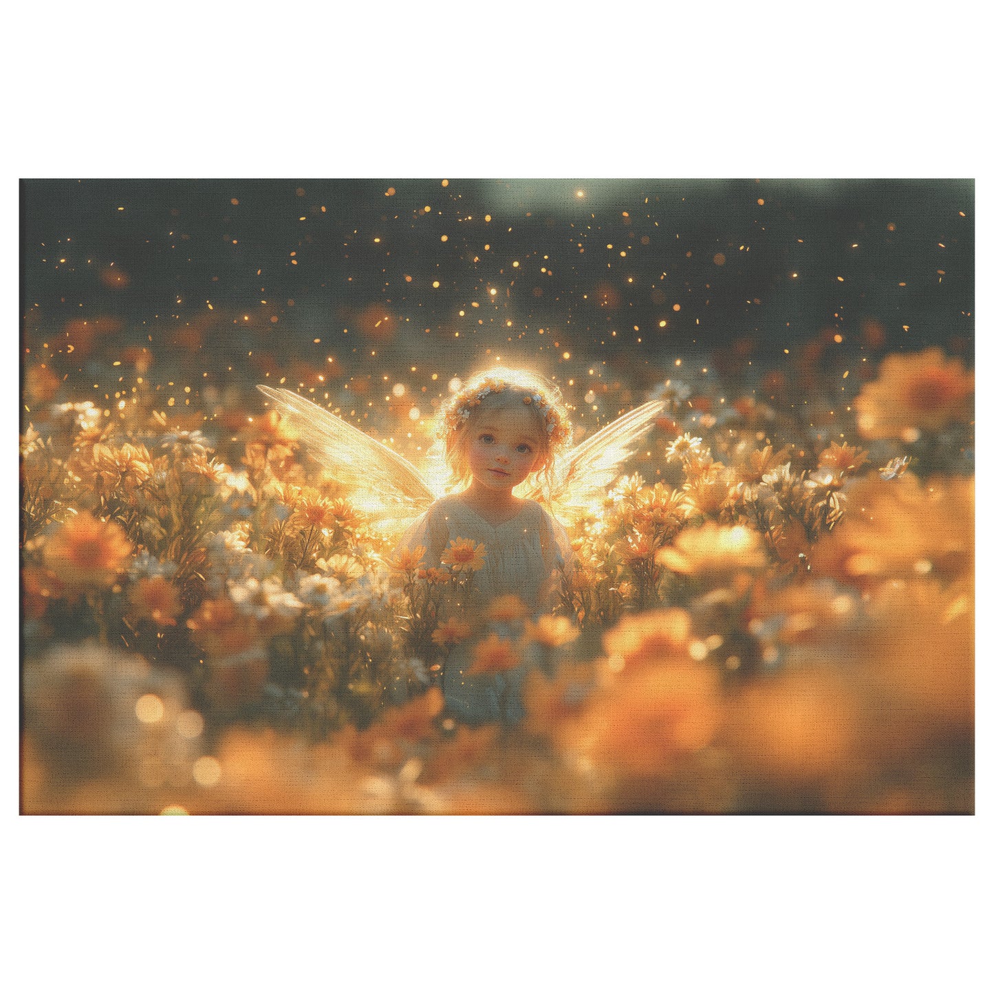 Cute Little Angel Surrounded Blooming Wildflowers Glowing Wings Shining Like Stars  Enchanting Scene of Golden Light and Warm Hues - Awakening Righteousness