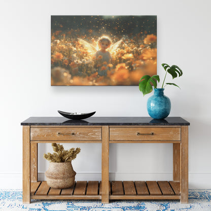 Cute Little Angel Surrounded Blooming Wildflowers Glowing Wings Shining Like Stars  Enchanting Scene of Golden Light and Warm Hues - Awakening Righteousness