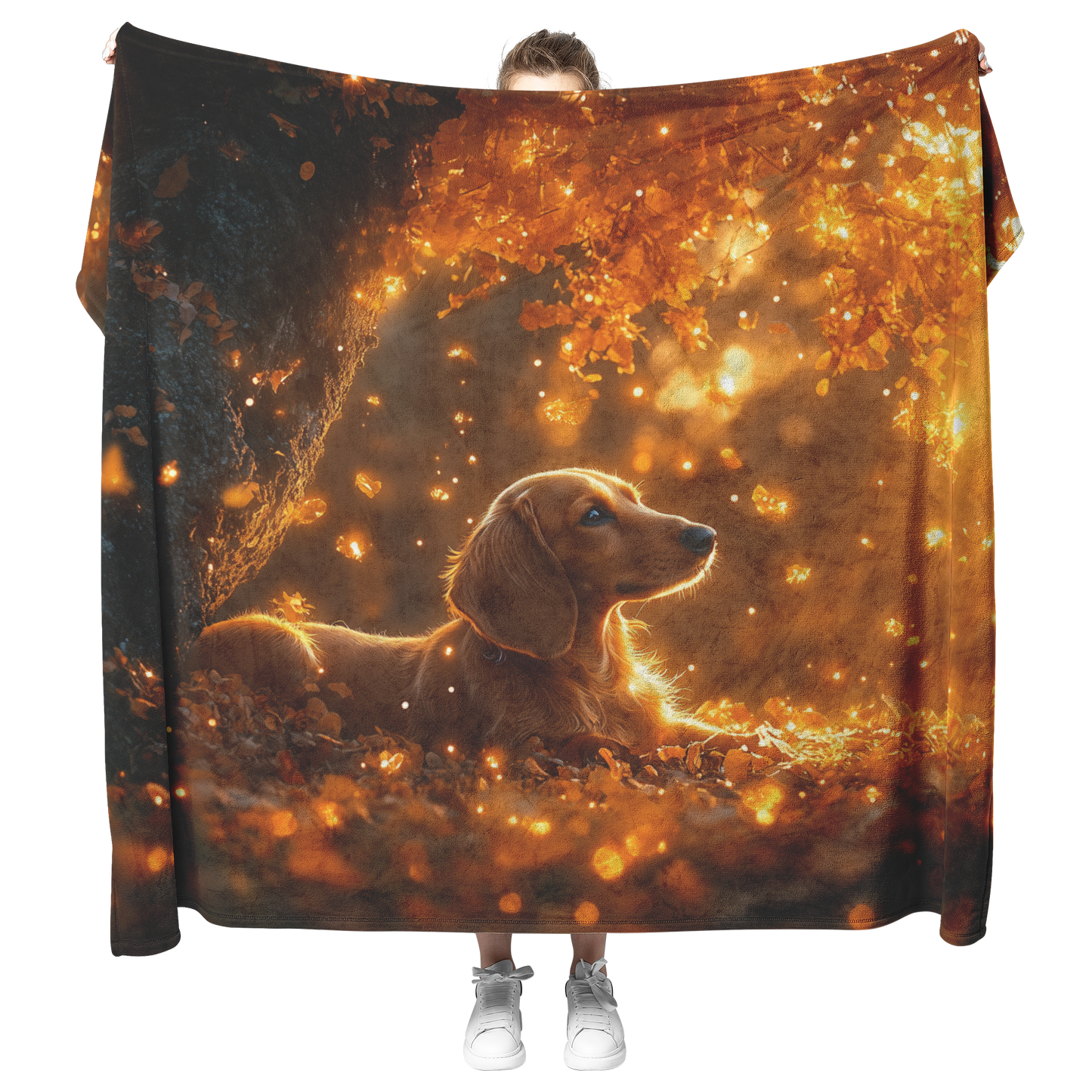 Dachshund_Under_Glowing_Tree_with_Golden_H_Blanket_Model_Mockup.png