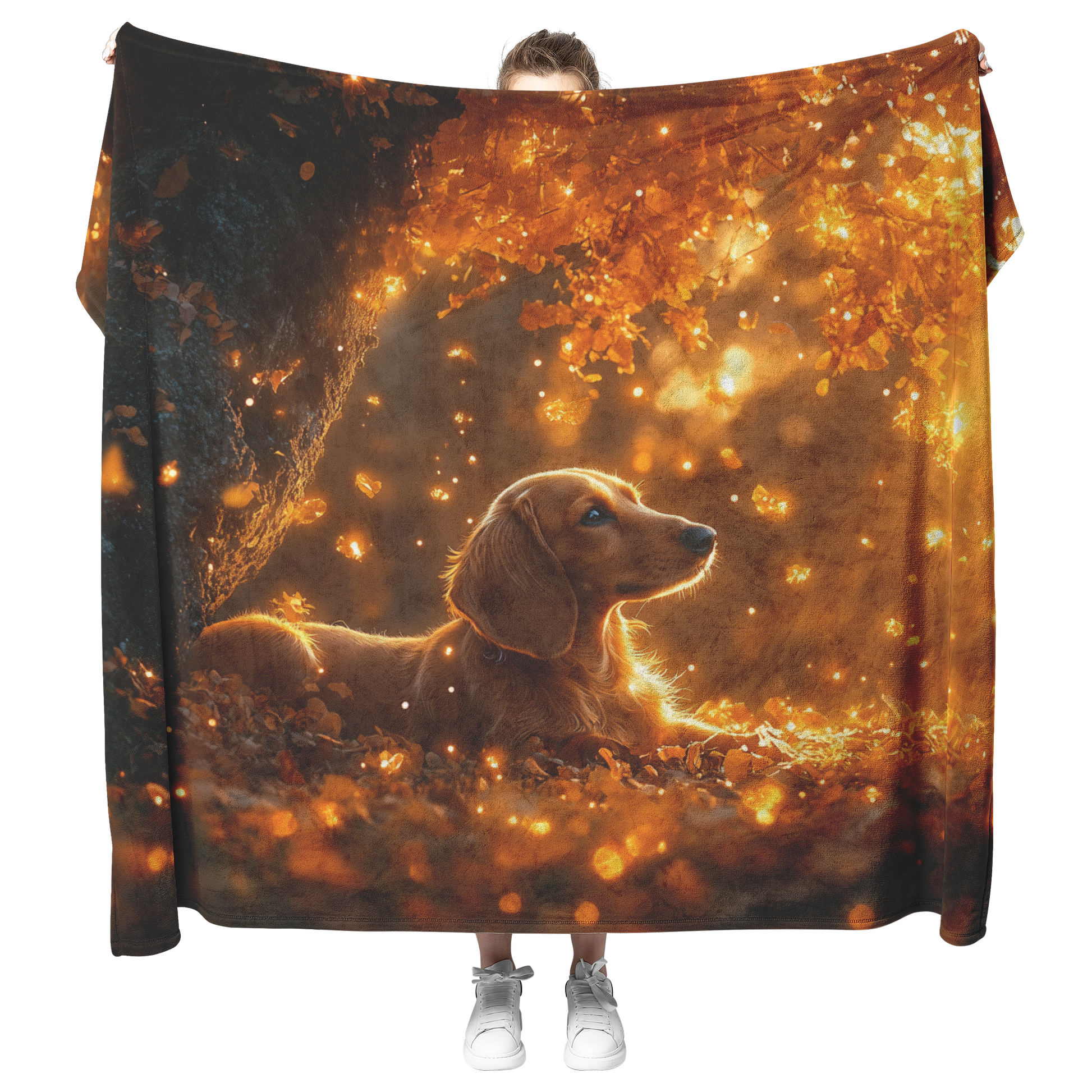 Dachshund_Under_Glowing_Tree_with_Golden_H_Blanket_Model_Mockup.png