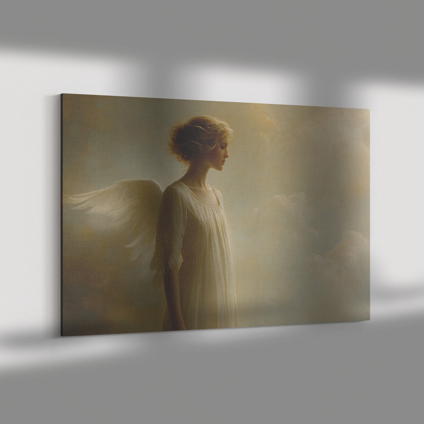 Ethereal Angelic Woman with Soft Wings in Enchanting Sky  Heavenly Tranquility Serene Expression Divine Peace Christian Canvas Art Spiritual Beauty - Awakening Righteousness
