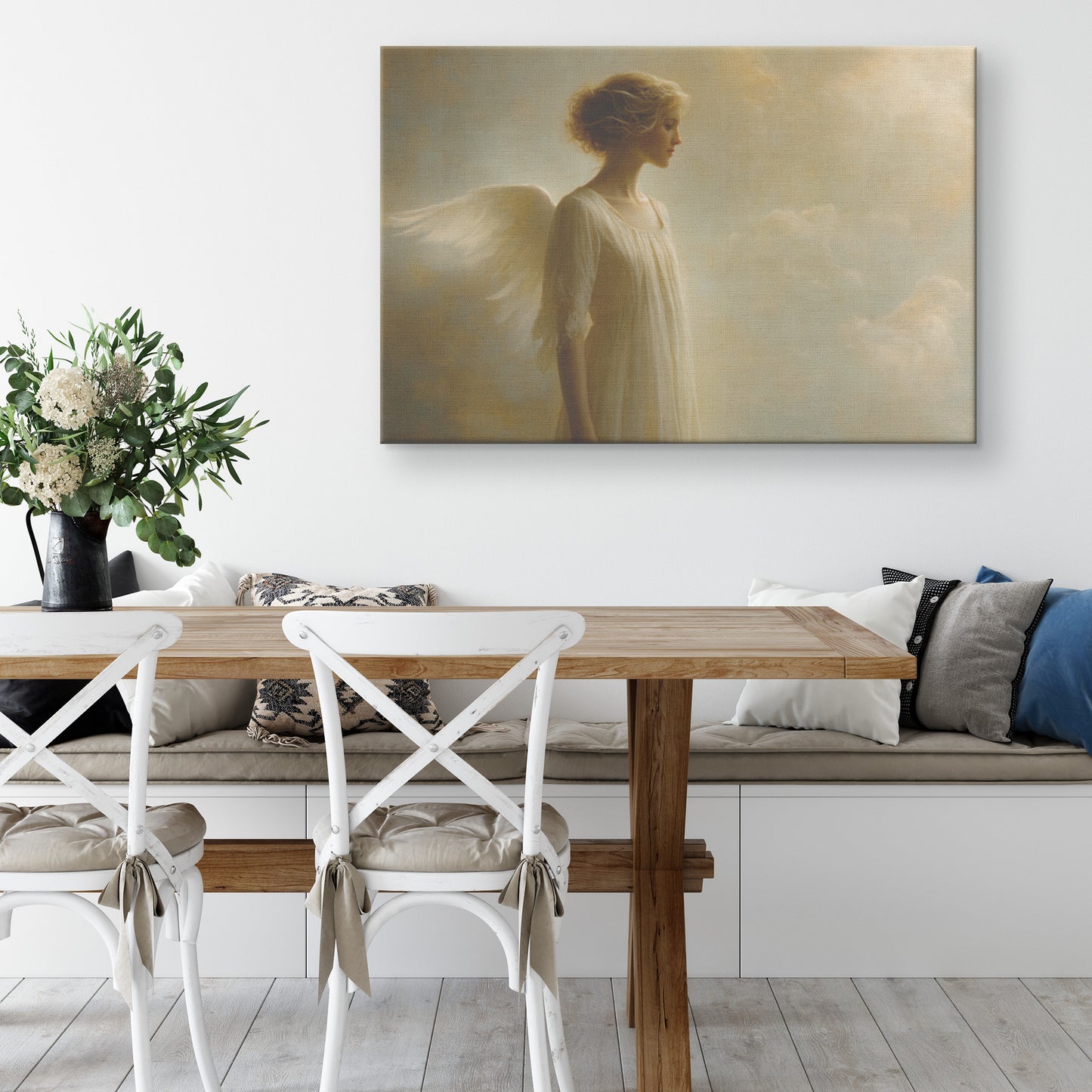 Ethereal Angelic Woman with Soft Wings in Enchanting Sky  Heavenly Tranquility Serene Expression Divine Peace Christian Canvas Art Spiritual Beauty - Awakening Righteousness