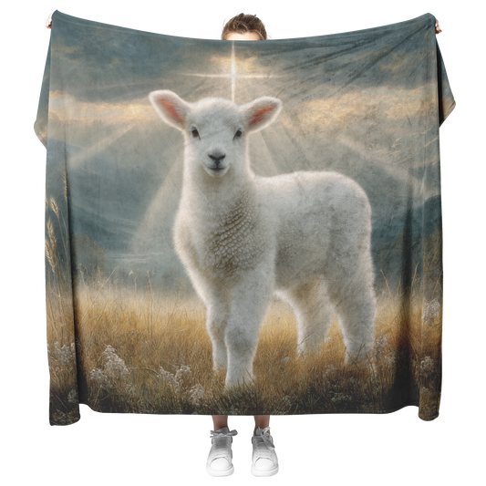 Gentle_Lamb_Standing_Beneath_Glowing_Cro_H_Blanket_Model_Mockup.png