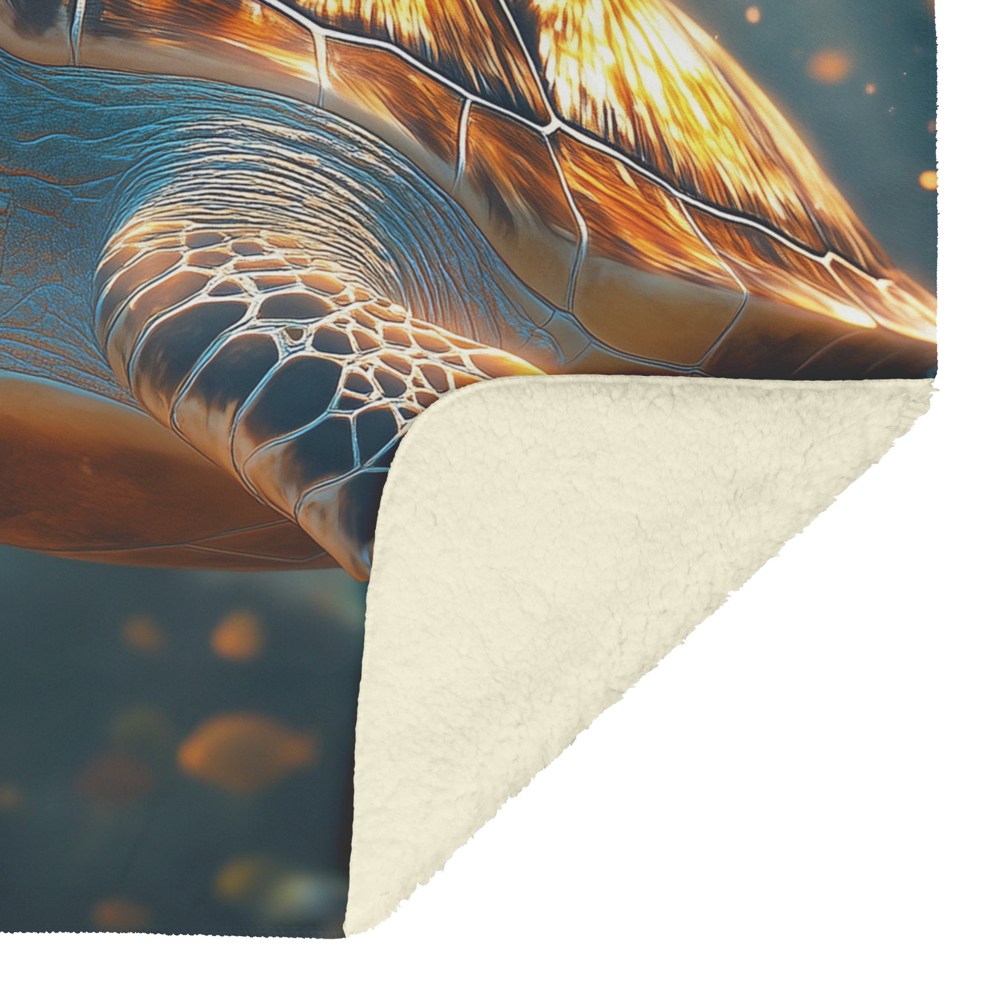 Giant Sea Turtle Swimming Near Glowing Coral Reef with Shimmering Fish and Golden Sunlight Fleece Sherpa Blanket - Awakening Righteousness