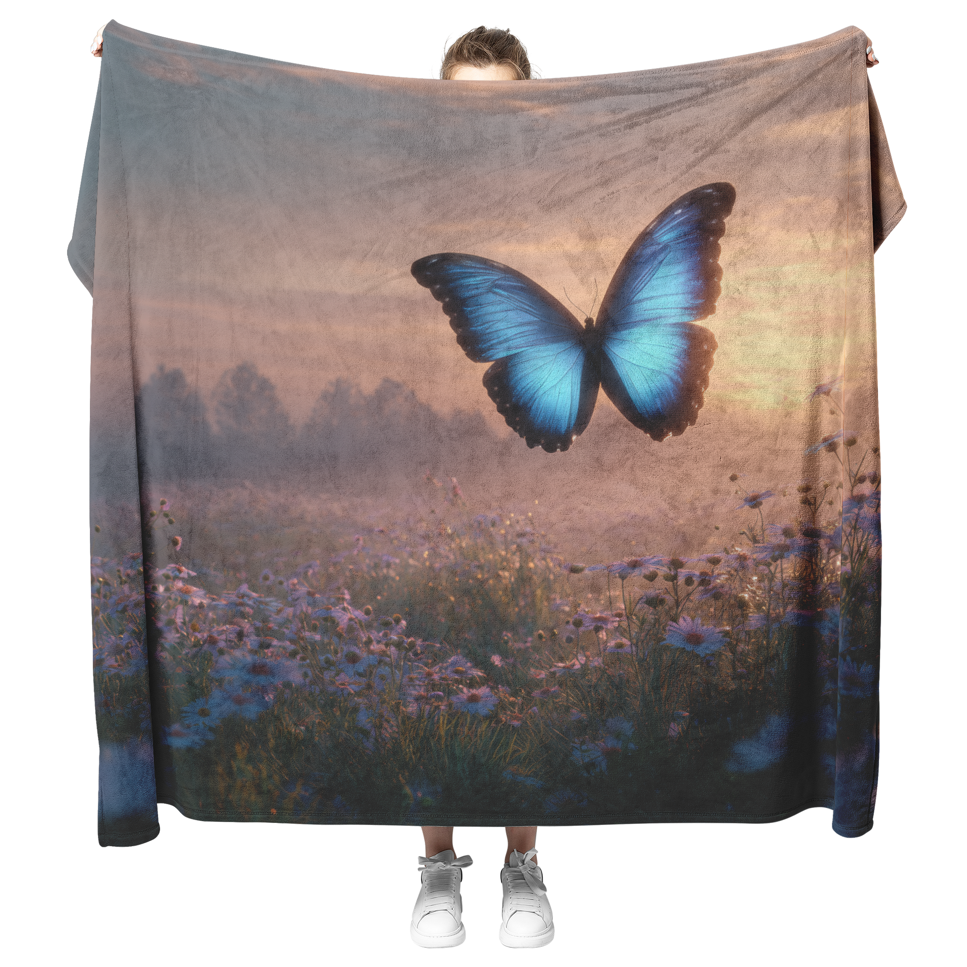 Glowing_Blue_Morpho_Butterfly_Flying_Ove_H_Blanket_Model_Mockup.png