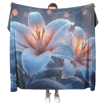 Glowing_Frost_Covered_Lilies_in_Winter_M_H_Blanket_Model_Mockup.png