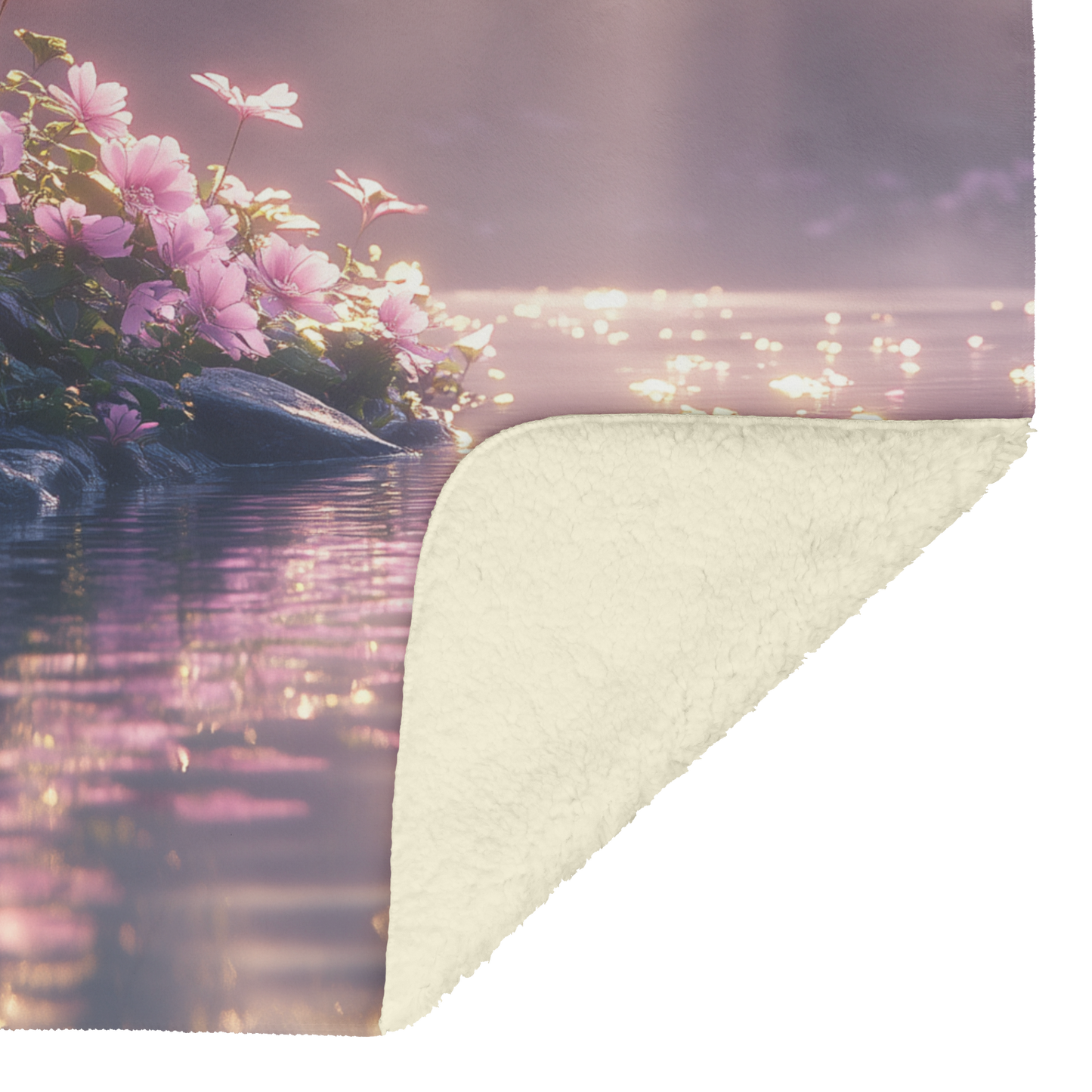 Glowing_Geraniums_by_Pond_with_Golden_Ri_H_Blanket_Sherpa_Mockup.png