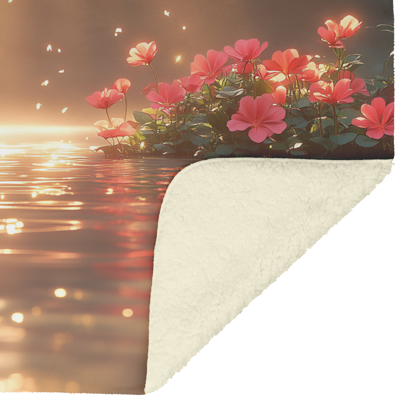 Glowing_Geraniums_by_Pond_with_Golden_Ri_H_Blanket_Sherpa_Mockup.png