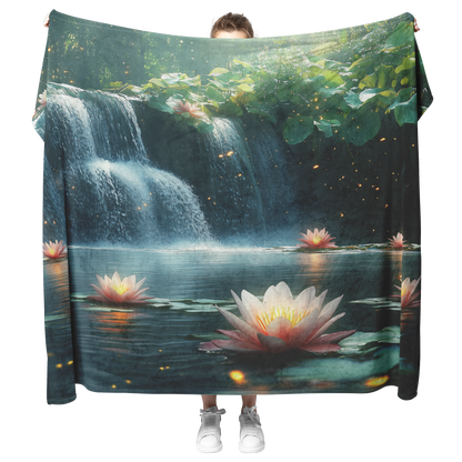 Glowing_Lilies_Beside_Crystal_Waterfall__H_Blanket_Model_Mockup.png
