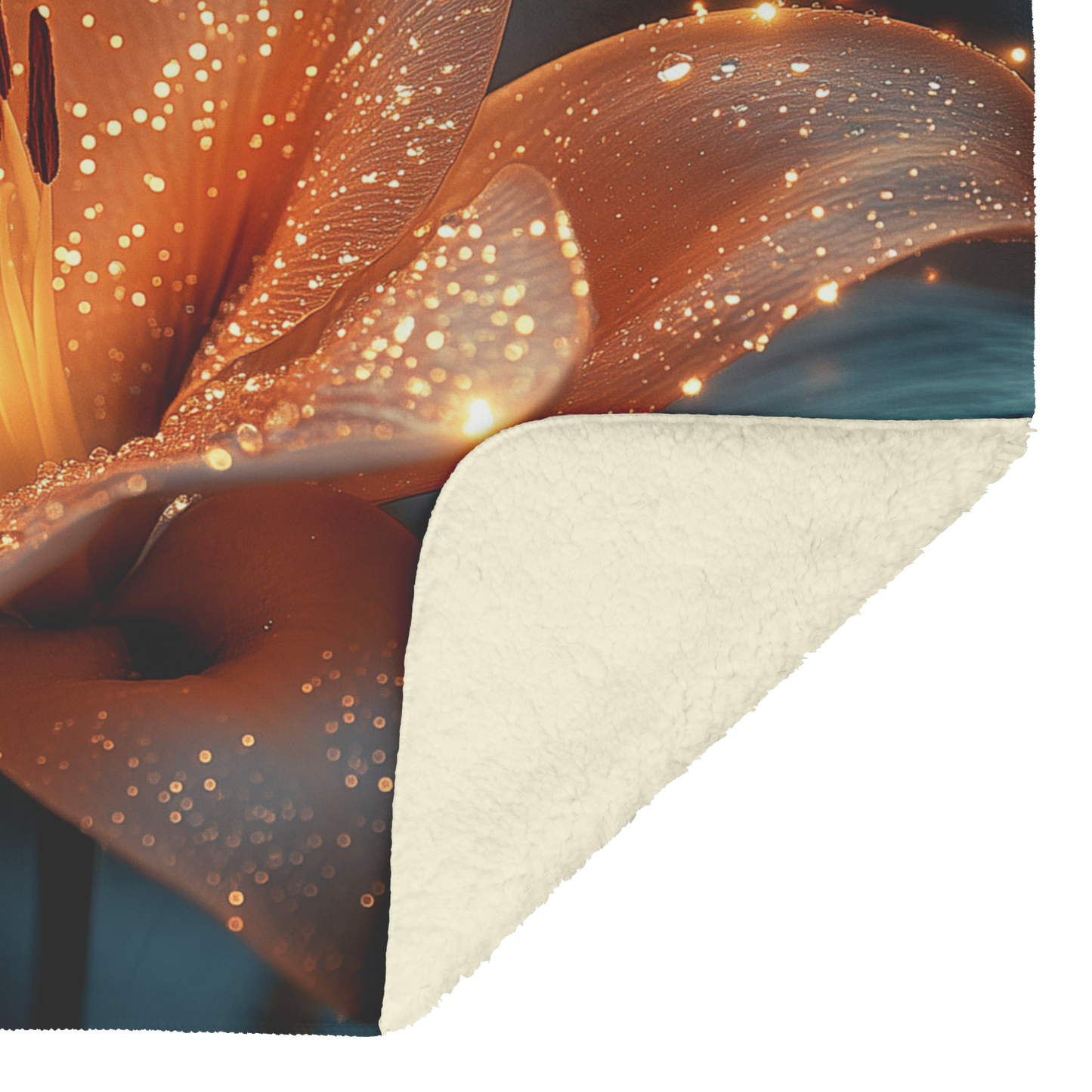 Glowing_Lily_with_Dewdrops_and_Firefly_S_H_Blanket_Sherpa_Mockup.png