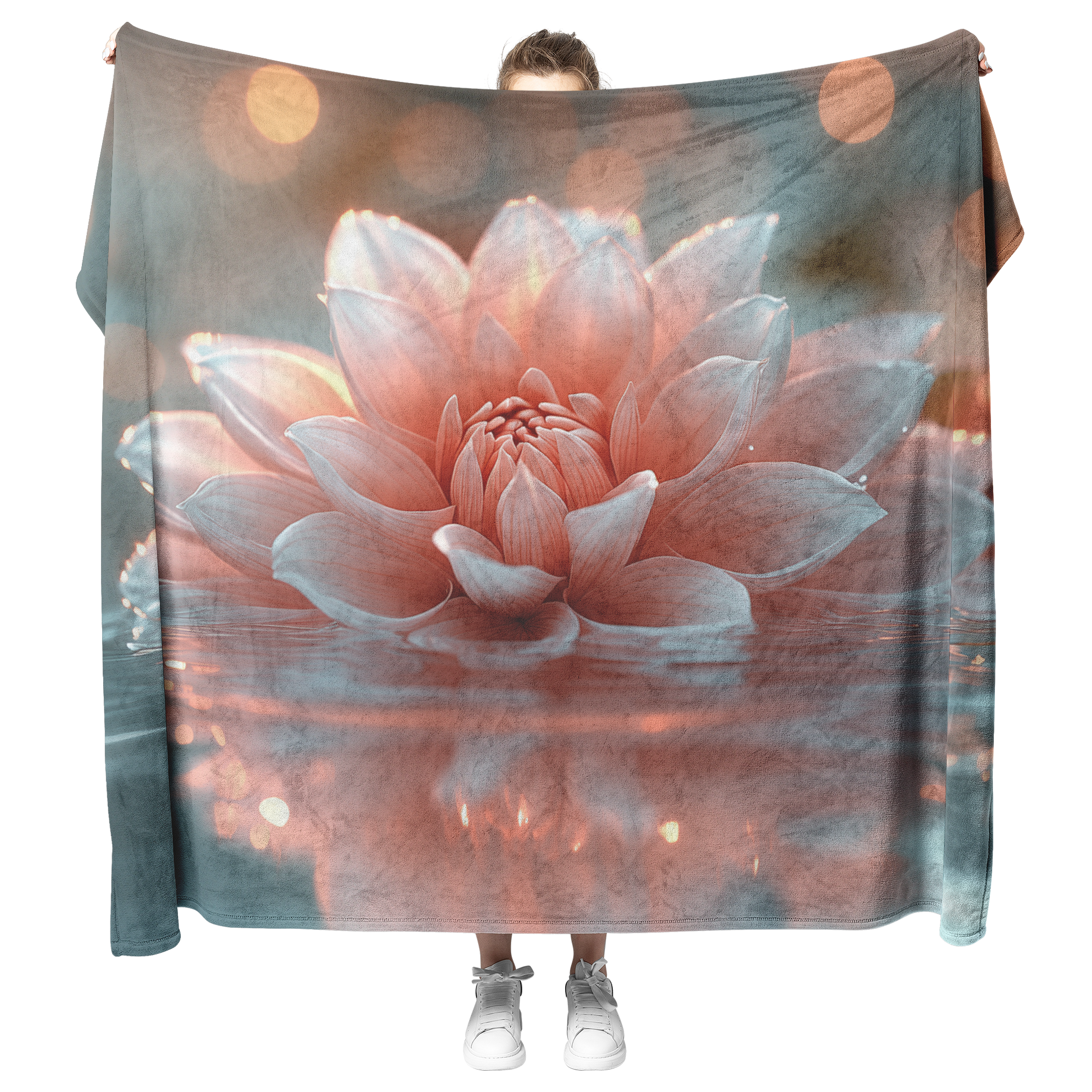 Glowing_Pink_and_White_Dahlias_on_Pond_w_H_Blanket_Model_Mockup.png