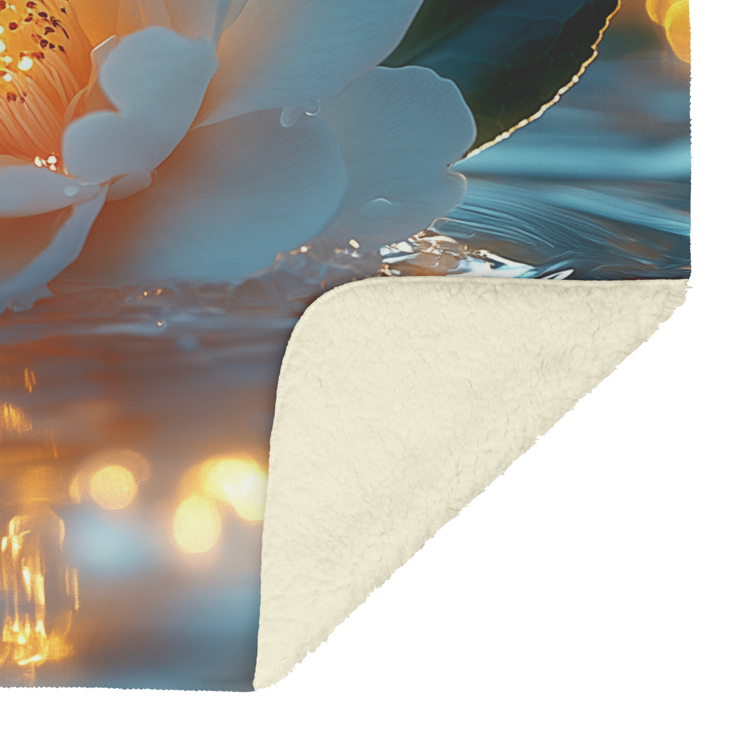 Glowing_White_Camellia_on_Pond_with_Gold_H_Blanket_Sherpa_Mockup.png