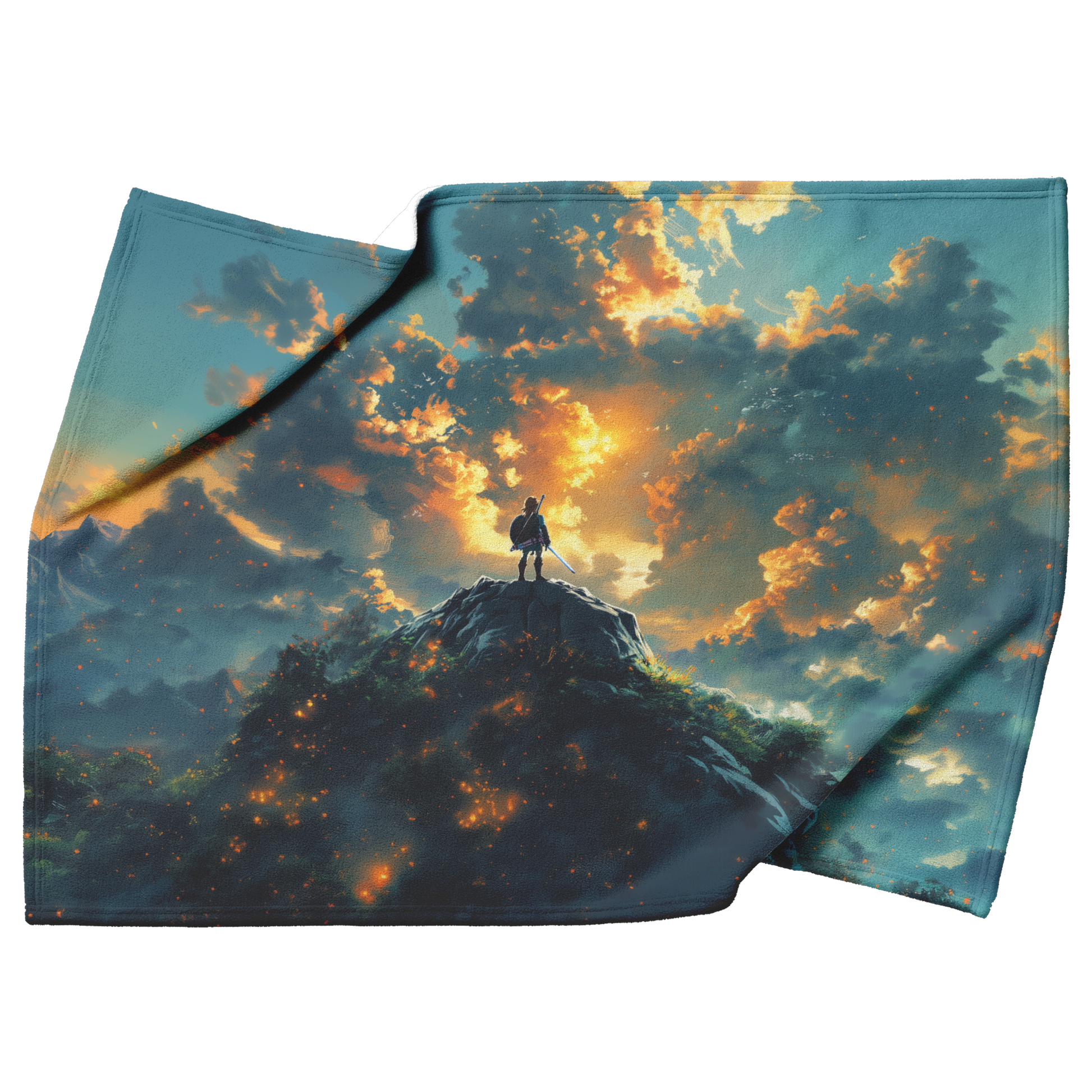 Heroic_Warrior_Standing_Atop_Cliff_With__H_Blanket_Top_Bottom_Folds_Mockup.png
