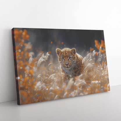 Leopard Stealthily Moving Through Tall Grass and Autumn Flowers at Sunset  Wildlife Canvas Wall Art for Home Living Room or Nursery  Canvas Wall Art Decor - Awakening Righteousness
