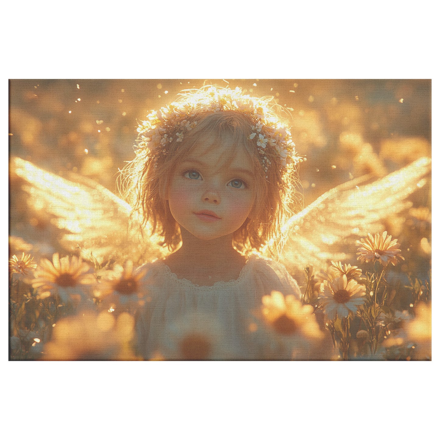 Little Angel Girl with Golden Wings Surrounded Daisies and Soft Warm Light  Enchanting Canvas Wall Art for Nursery Living Room or Home Decor - Awakening Righteousness