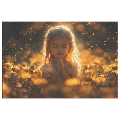Little Girl Praying in a Field of Blooming Flowers with Golden Light and Sparkling Stars  Christian Canvas Art Peaceful Meditation Spiritual Serenity Divine Prayer Heavenly Atmosphere - Awakening Righteousness