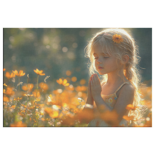 Little Girl Praying in the Sun Among Flowers  Christian Canvas Art Peaceful Prayer Serene Tranquility Sunny Wildflower Meadow Divine Peace Elegant Yellow Daisy Dress - Awakening Righteousness