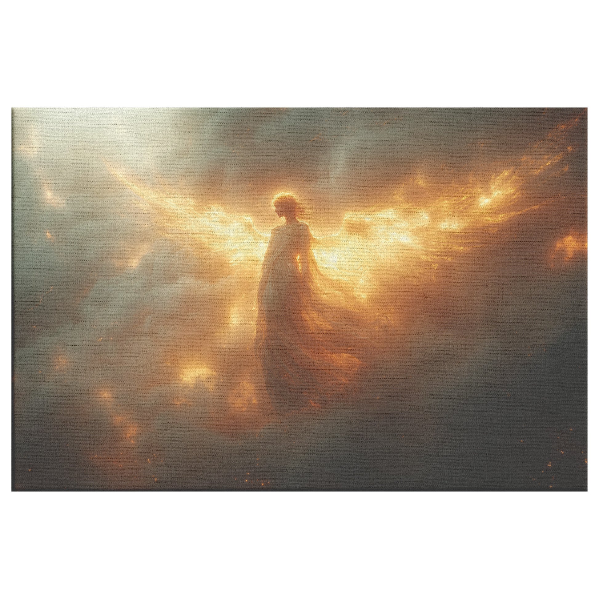 Majestic Angel with Golden Wings Floating Amidst Clouds and Fire  Divine Light Ethereal Glow Heavenly Power Christian Canvas Art Awe-Inspiring Beauty - Awakening Righteousness