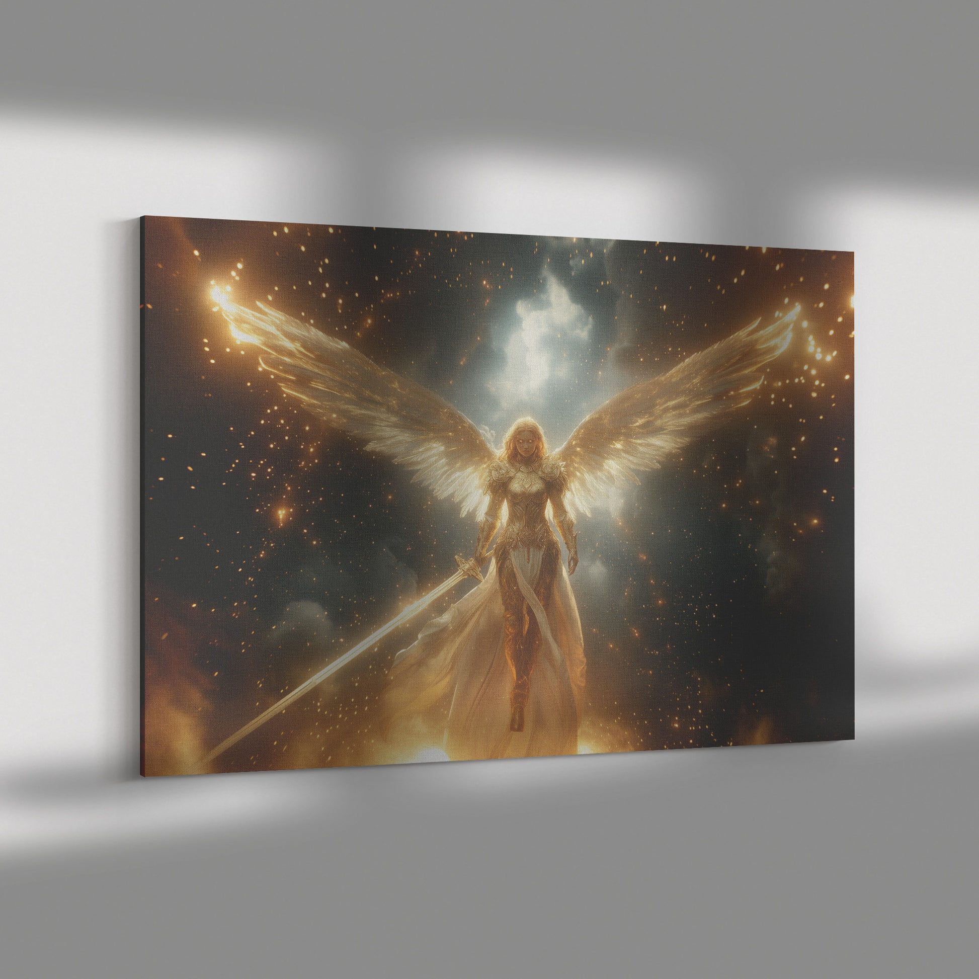 Majestic Angelic Woman with Golden Wings and Glowing Sword in Space  Divine Light Otherworldly Backdrop  Christian Canvas Art for Home Living Room or Office  Heavenly Wall Decor - Awakening Righteousness