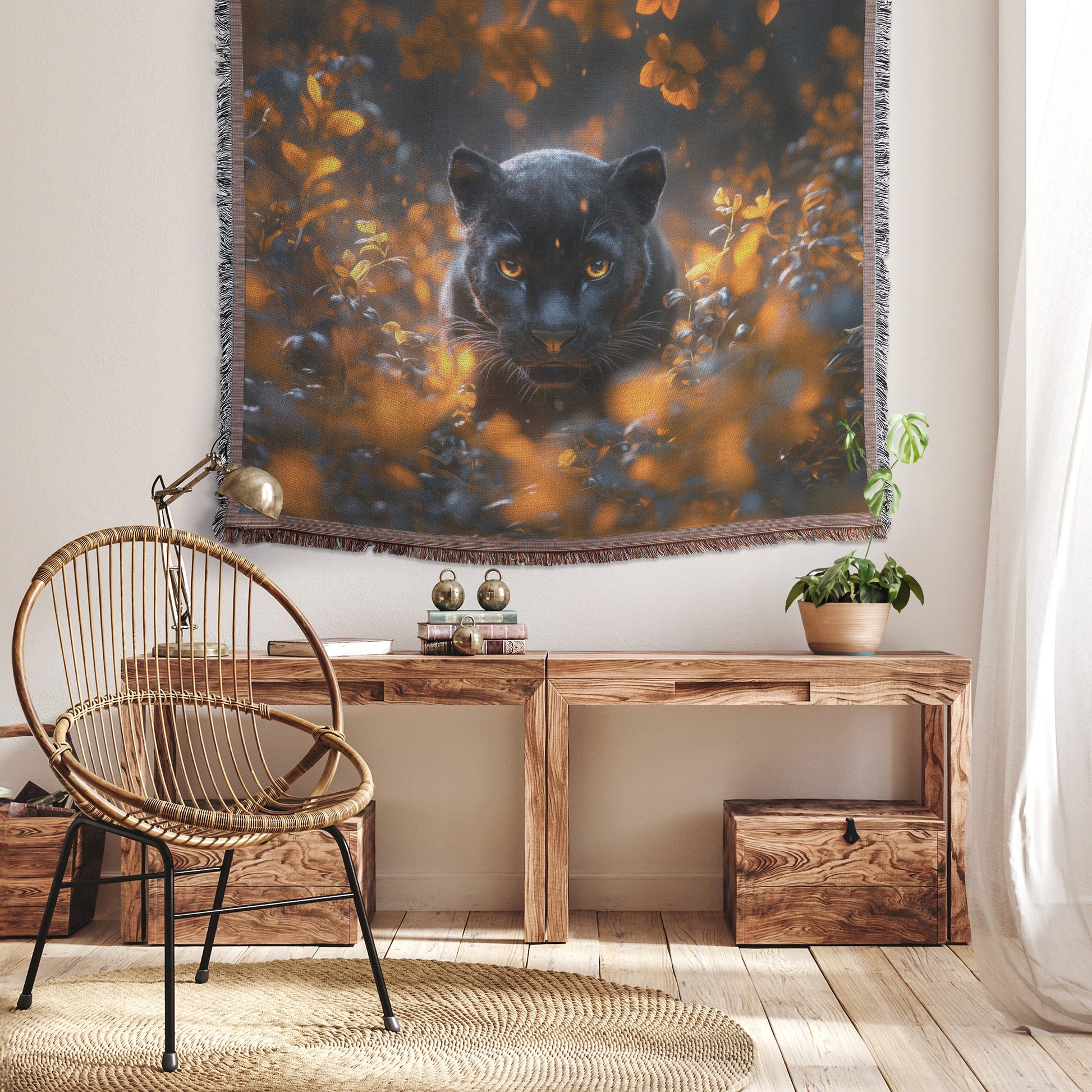 Majestic Black Panther in Vibrant Floral Field Cozy Woven Throw Blanket - Awakening Righteousness