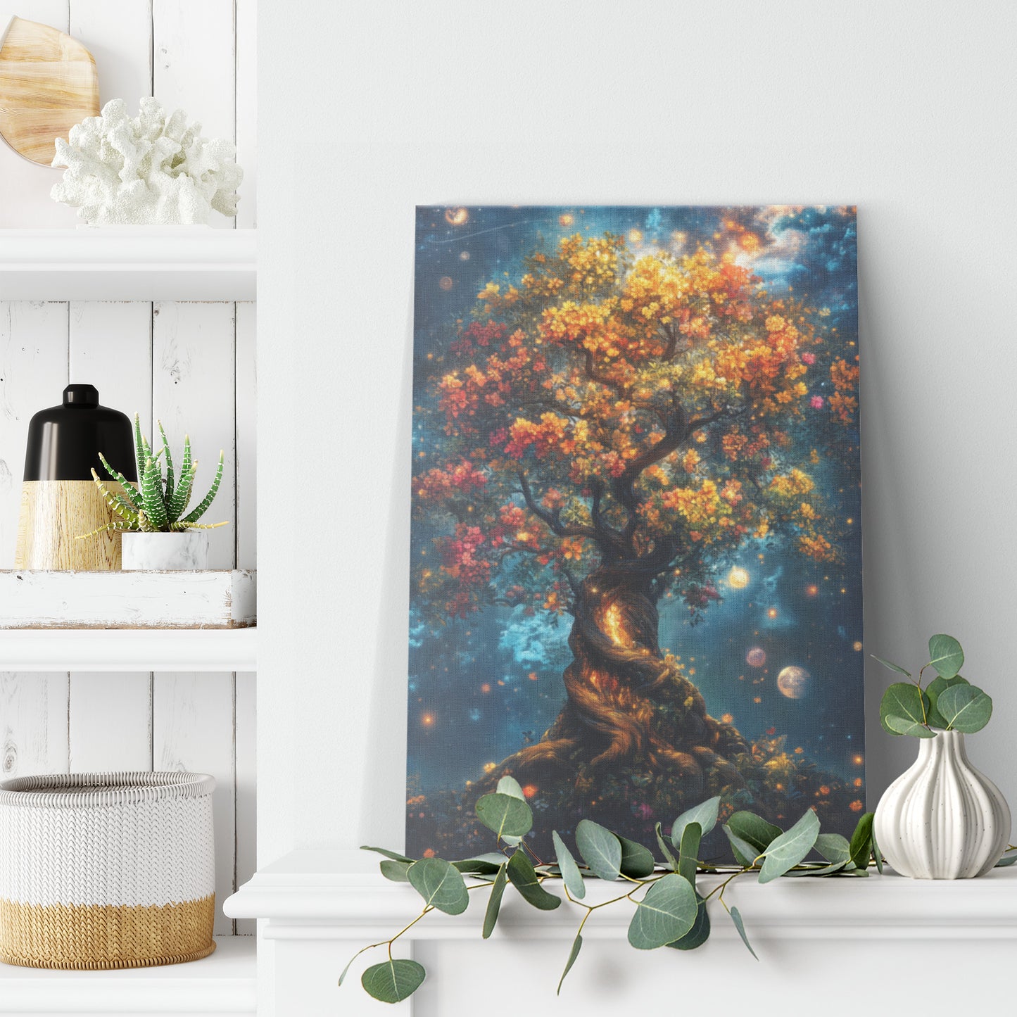 Majestic Tree with Colorful Flowers and Fireflies in an Enchanted Garden Christian Canvas Art - Awakening Righteousness