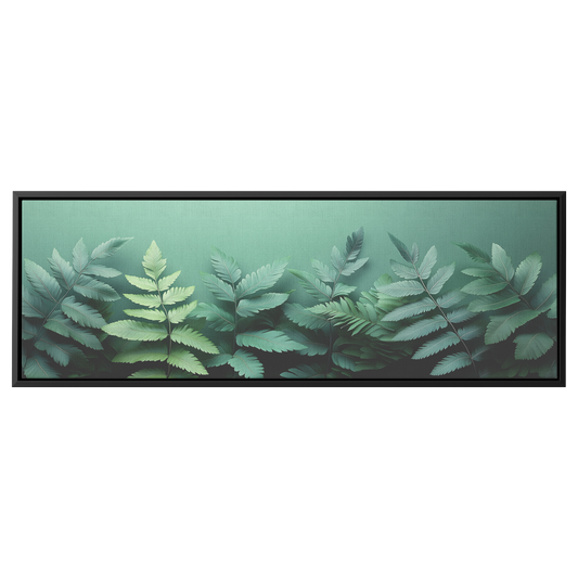 Minimalist Artwork Fern Leaves Monochrome Gray Tones Light Green Background Ultra High Definition Clean Design Panoramic Framed Canvas Wall Art - Awakening Righteousness