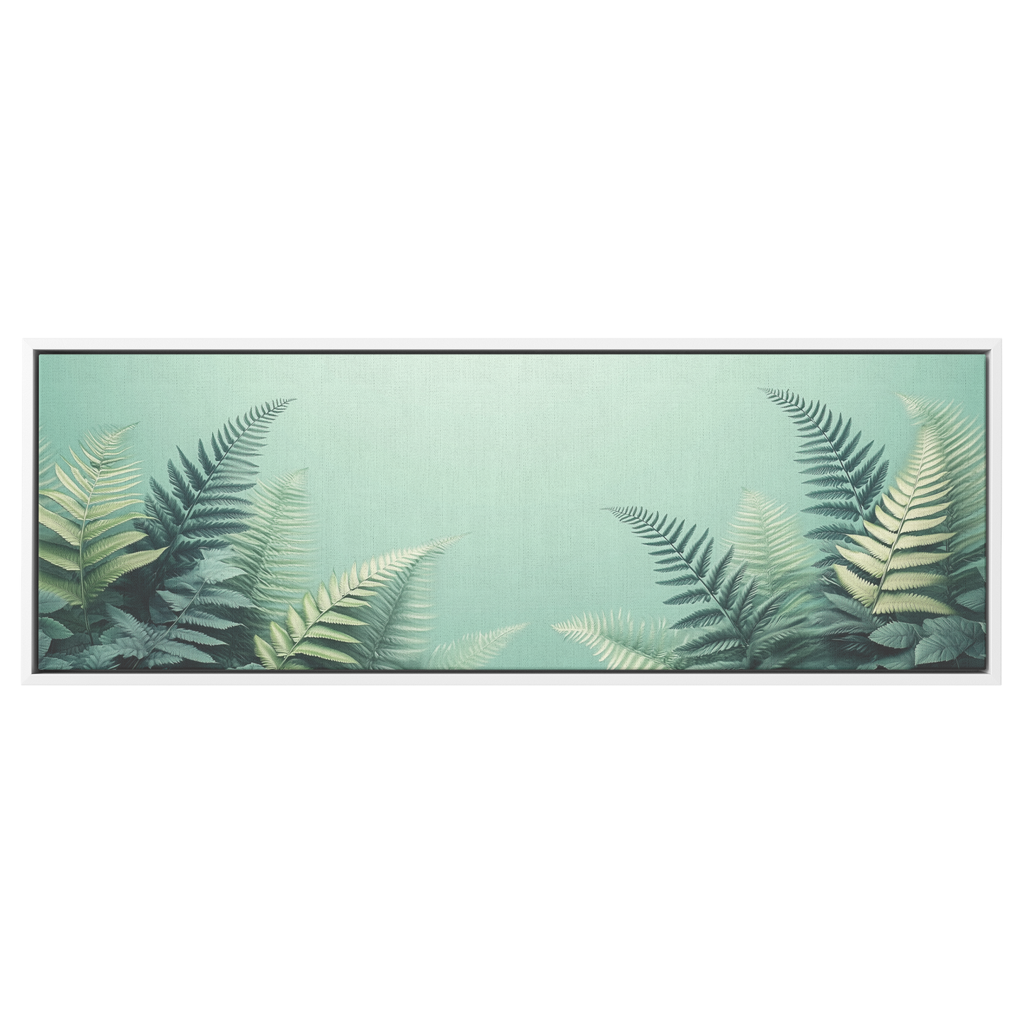 Minimalist Artwork Fern Leaves Monochrome Gray Tones Light Green Background Ultra High Definition Clean Design Panoramic Framed Canvas Wall Art - Awakening Righteousness