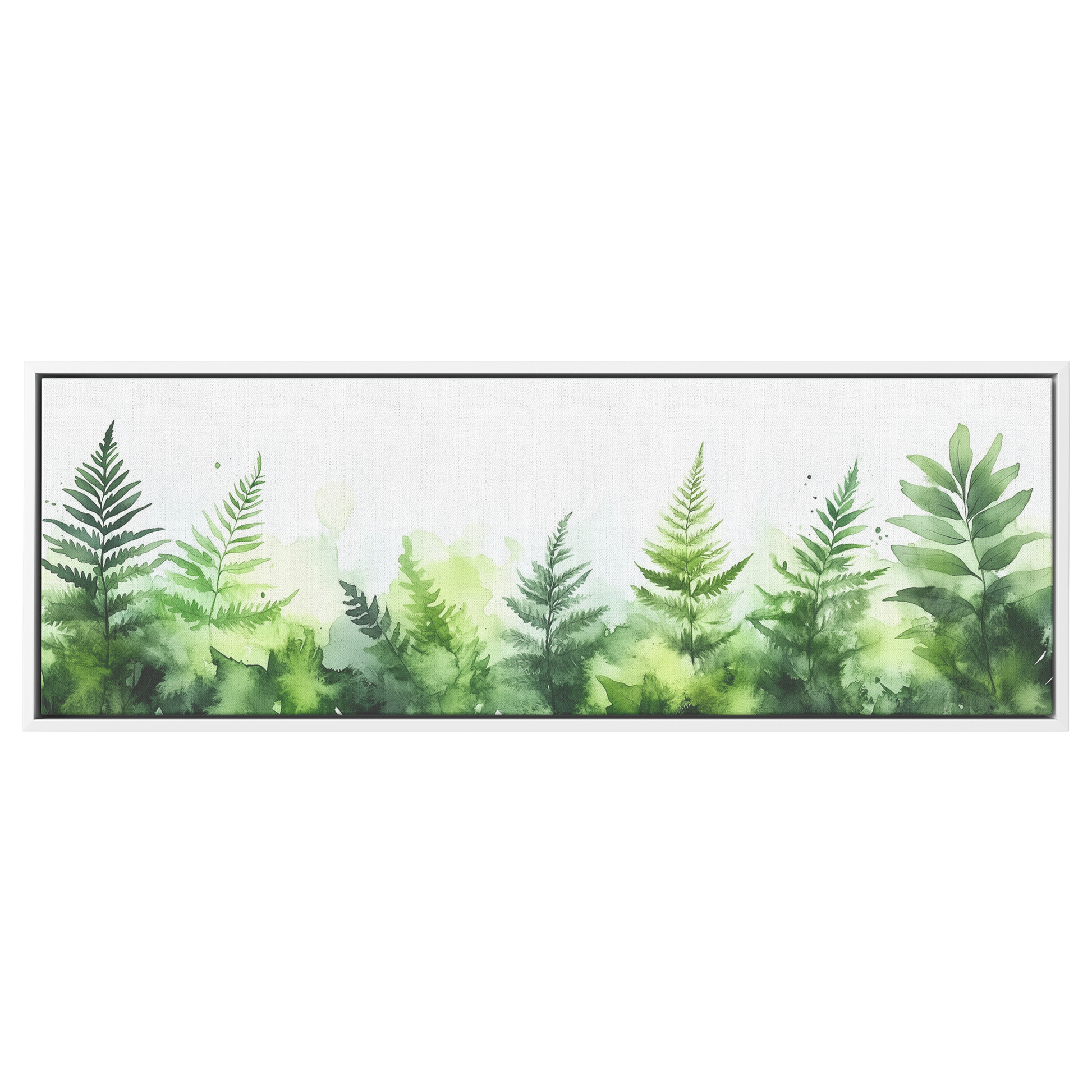 Minimalist Botanical Print Ferns Soft Green Watercolor Washes White Background Ultra High Definition Elegant Simplicity Panoramic Framed Canvas Wall Art - Awakening Righteousness