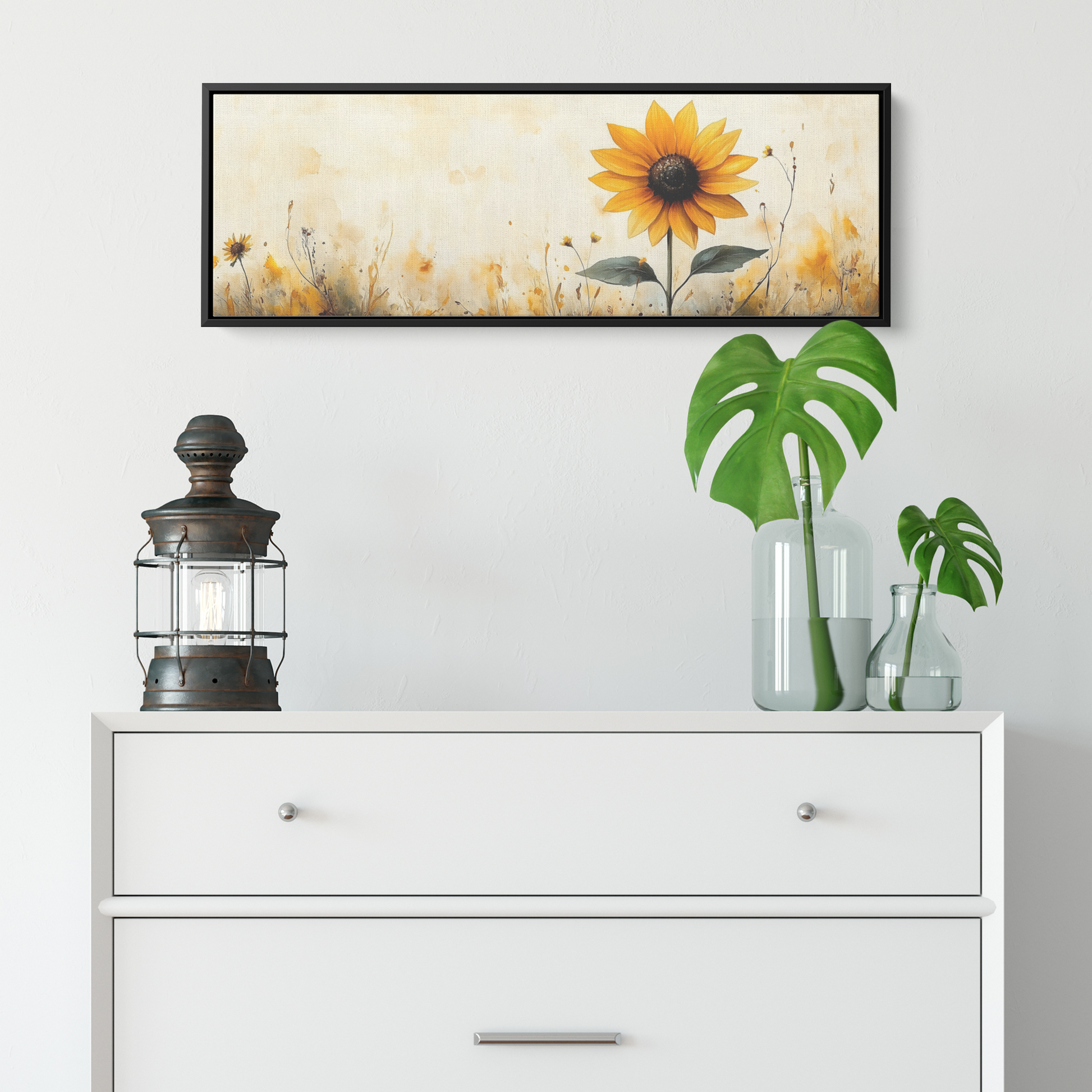 Minimalist Botanical Print Single Sunflower Soft Yellow Watercolor Accents Neutral Beige Background Ultra High Definition Panoramic Framed Canvas Wall Art - Awakening Righteousness