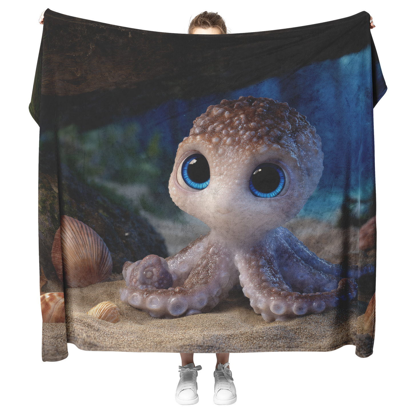 Octopus_With_Blue_Eyes_Holding_Seashells_H_Blanket_Model_Mockup.png