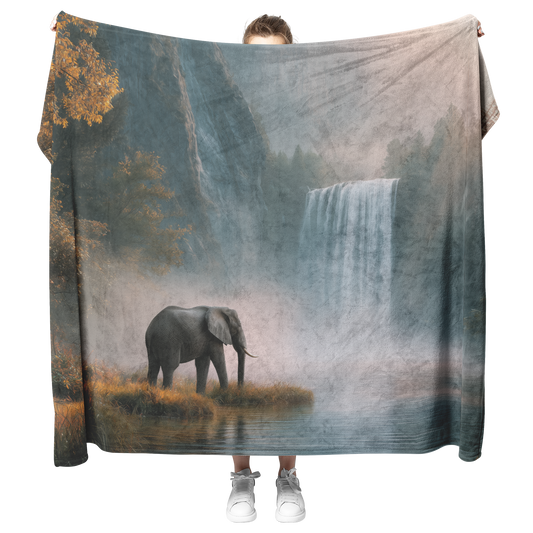 Peaceful_Elephant_Standing_By_Golden_Wat_H_Blanket_Model_Mockup.png